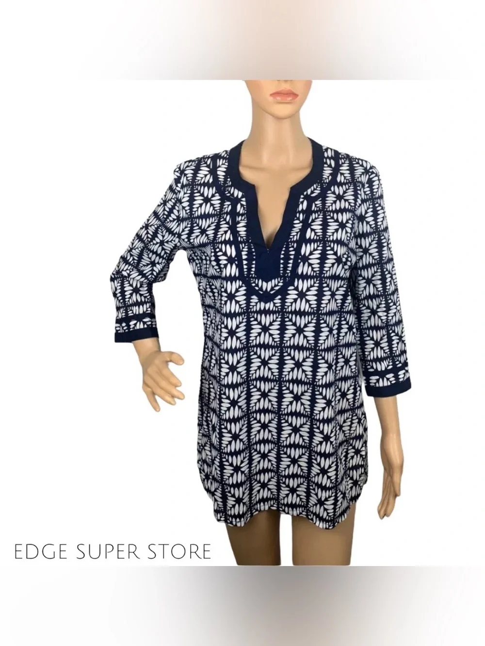 J.Crew Navy White Nautical Print Cotton Tunic Blouse 3/4 Sleeve Top Small Women
